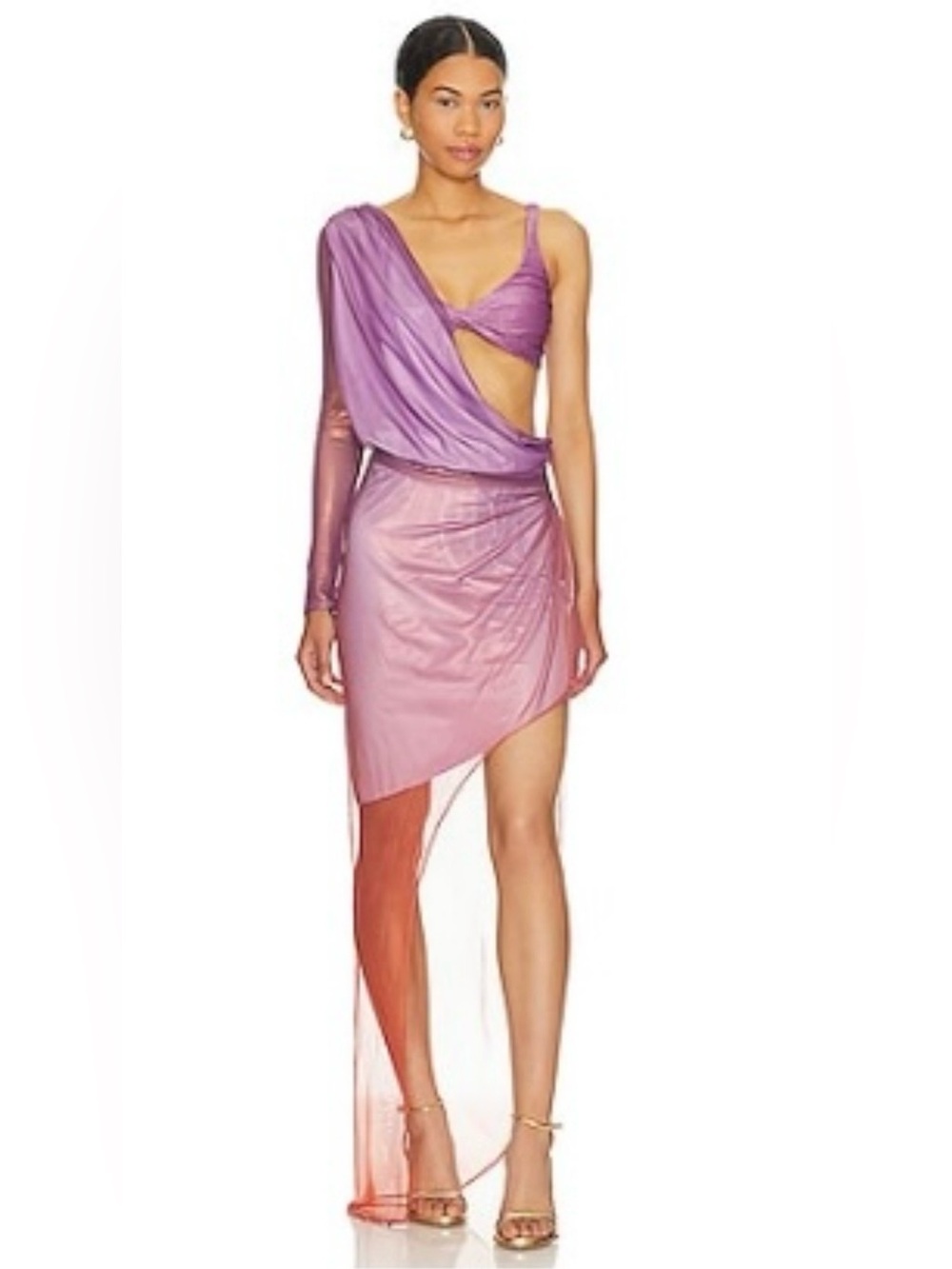 Baobab Purple to Coral Ombre Draped One-Shoulder Dress